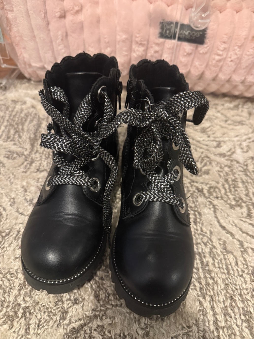Black Lace-Up Combat Boots with Silver Accent Laces